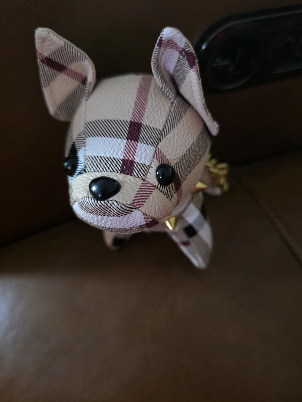 New Plaid Leather Dog Charm Keychain with Gold Studs - Beige Pink - Picture 2 of 2